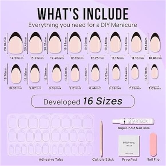 French Tip Press On Nails Almond - Black Press on Nails Short, Glue On - Picture 5 of 7